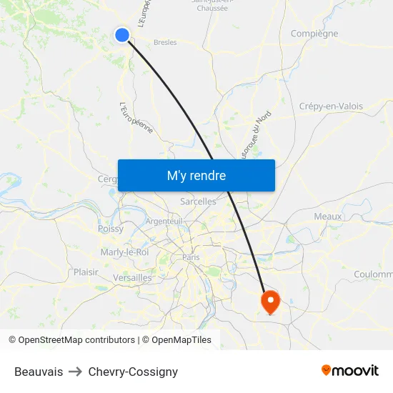 Beauvais to Chevry-Cossigny map