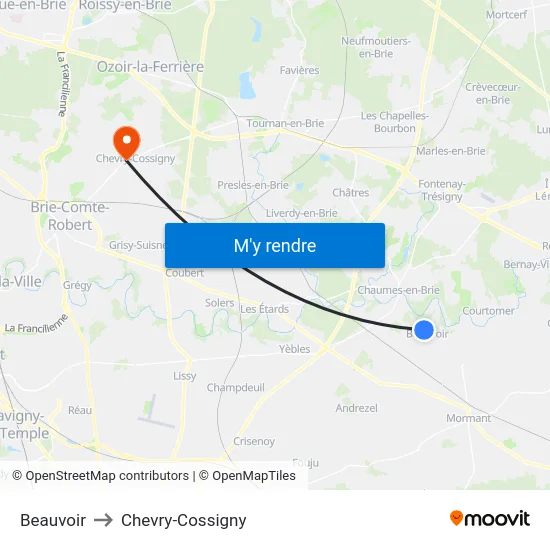 Beauvoir to Chevry-Cossigny map