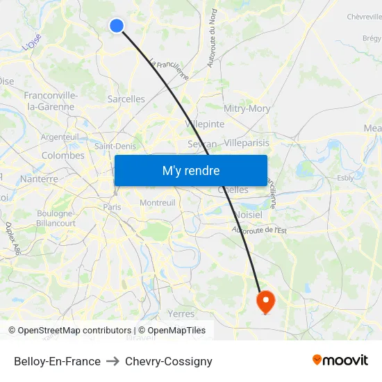 Belloy-En-France to Chevry-Cossigny map