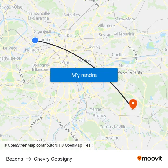 Bezons to Chevry-Cossigny map