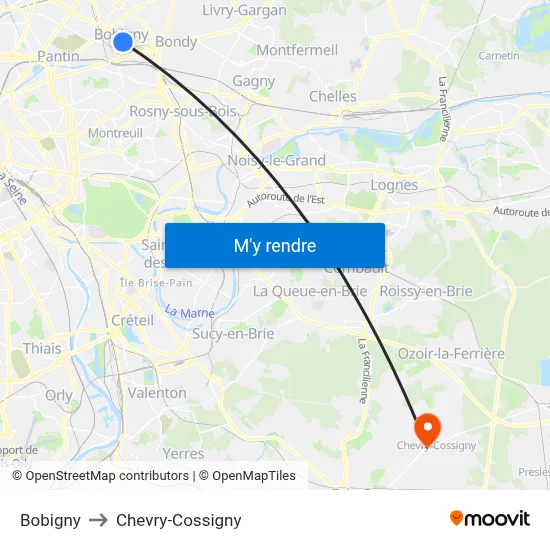 Bobigny to Chevry-Cossigny map