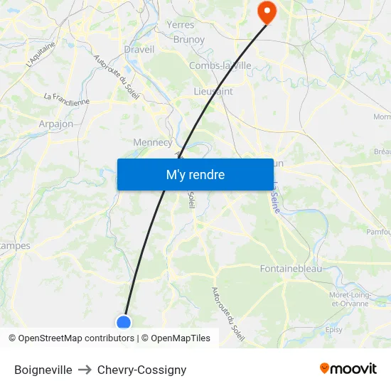 Boigneville to Chevry-Cossigny map