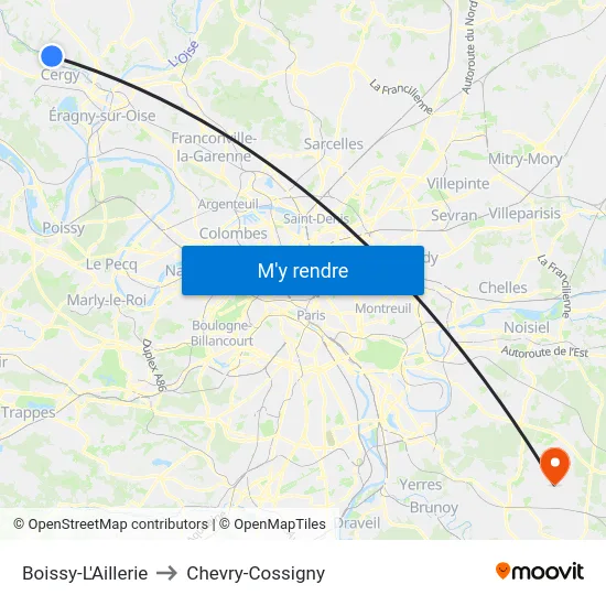 Boissy-L'Aillerie to Chevry-Cossigny map