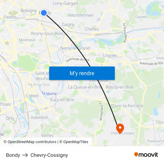 Bondy to Chevry-Cossigny map