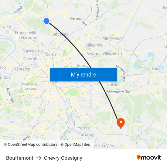 Bouffemont to Chevry-Cossigny map
