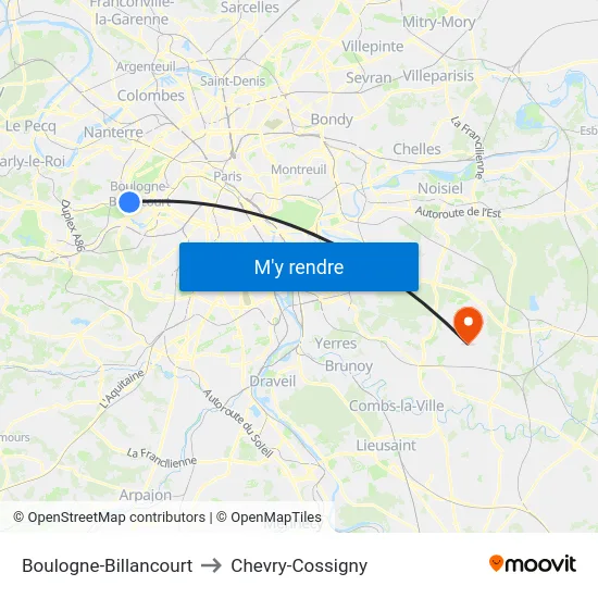 Boulogne-Billancourt to Chevry-Cossigny map