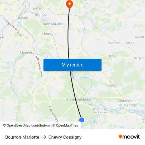 Bourron-Marlotte to Chevry-Cossigny map