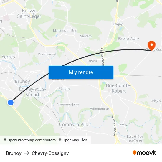 Brunoy to Chevry-Cossigny map