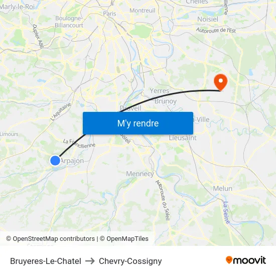 Bruyeres-Le-Chatel to Chevry-Cossigny map