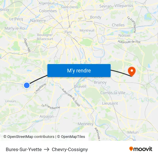 Bures-Sur-Yvette to Chevry-Cossigny map