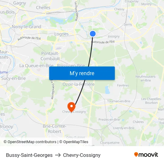 Bussy-Saint-Georges to Chevry-Cossigny map