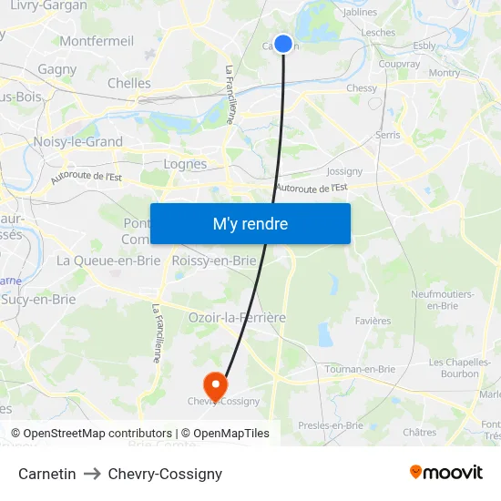 Carnetin to Chevry-Cossigny map