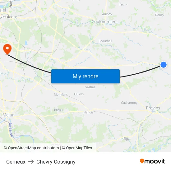 Cerneux to Chevry-Cossigny map