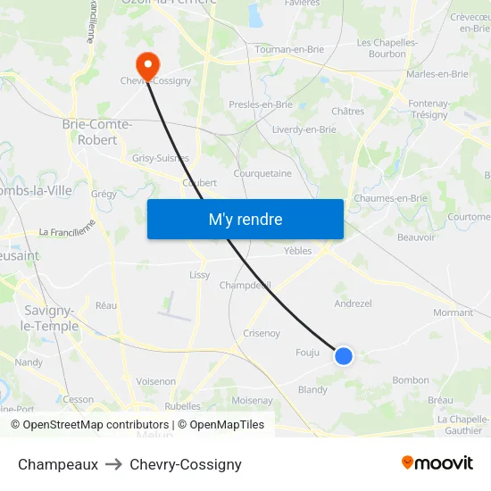 Champeaux to Chevry-Cossigny map