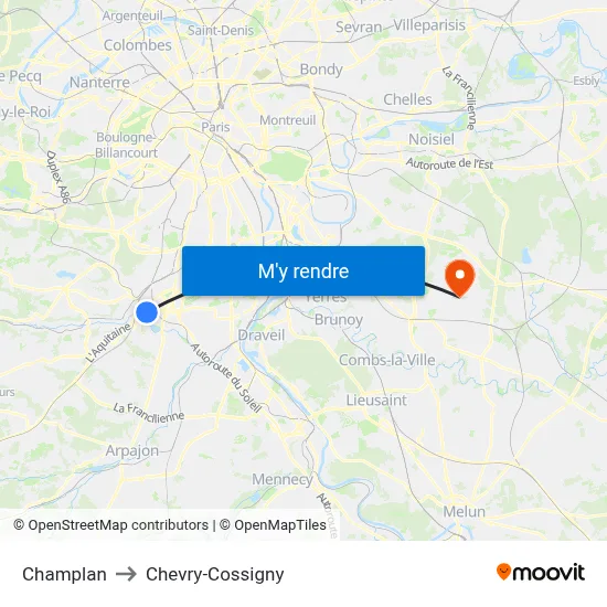 Champlan to Chevry-Cossigny map