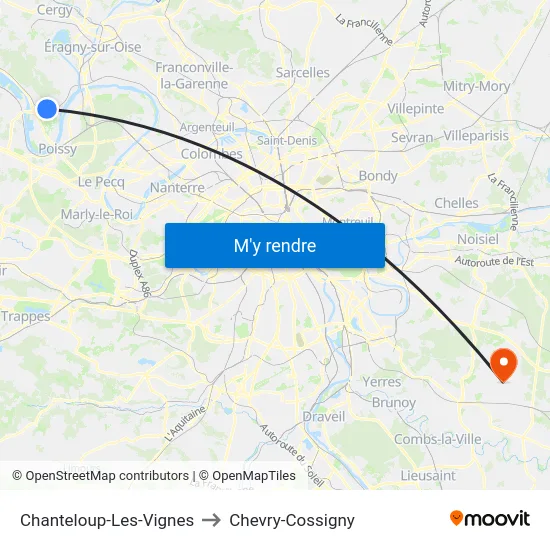 Chanteloup-Les-Vignes to Chevry-Cossigny map