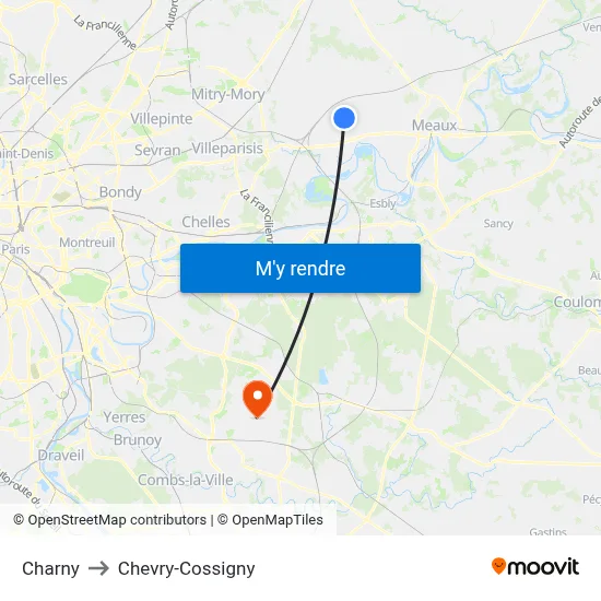 Charny to Chevry-Cossigny map