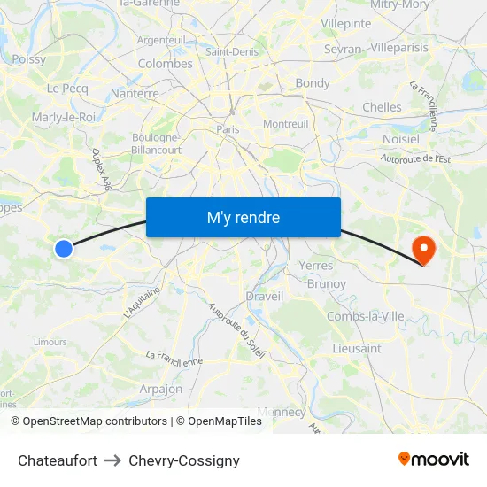 Chateaufort to Chevry-Cossigny map
