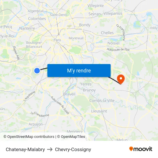 Chatenay-Malabry to Chevry-Cossigny map