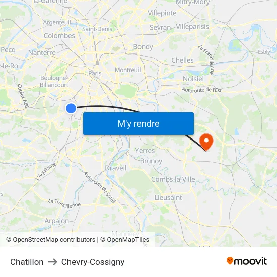 Chatillon to Chevry-Cossigny map