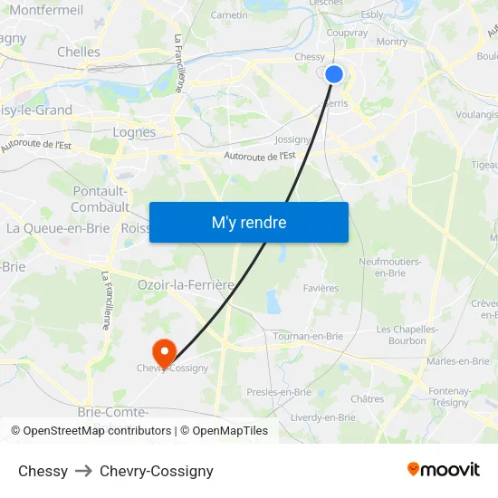 Chessy to Chevry-Cossigny map