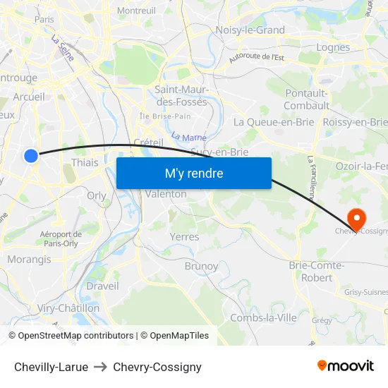Chevilly-Larue to Chevry-Cossigny map