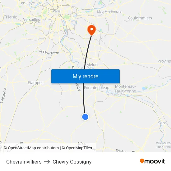 Chevrainvilliers to Chevry-Cossigny map
