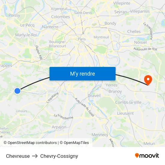 Chevreuse to Chevry-Cossigny map