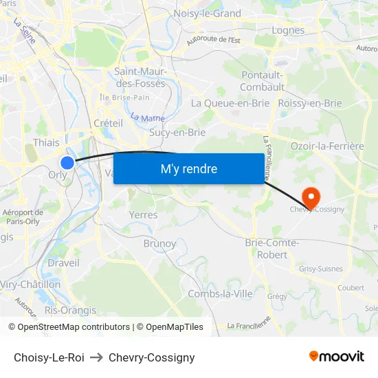 Choisy-Le-Roi to Chevry-Cossigny map