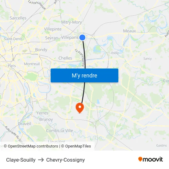 Claye-Souilly to Chevry-Cossigny map
