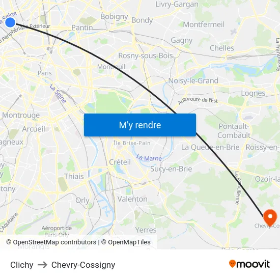 Clichy to Chevry-Cossigny map