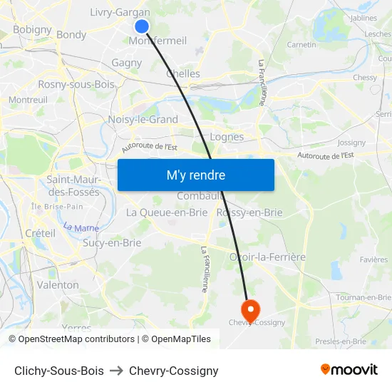 Clichy-Sous-Bois to Chevry-Cossigny map