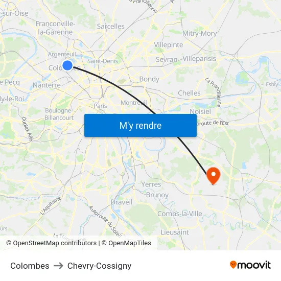 Colombes to Chevry-Cossigny map