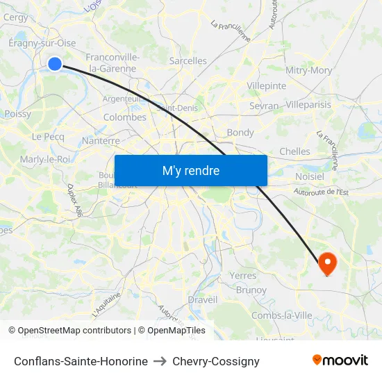 Conflans-Sainte-Honorine to Chevry-Cossigny map