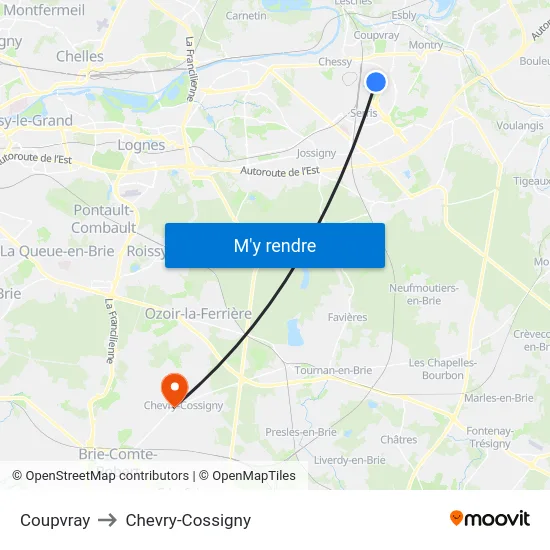 Coupvray to Chevry-Cossigny map