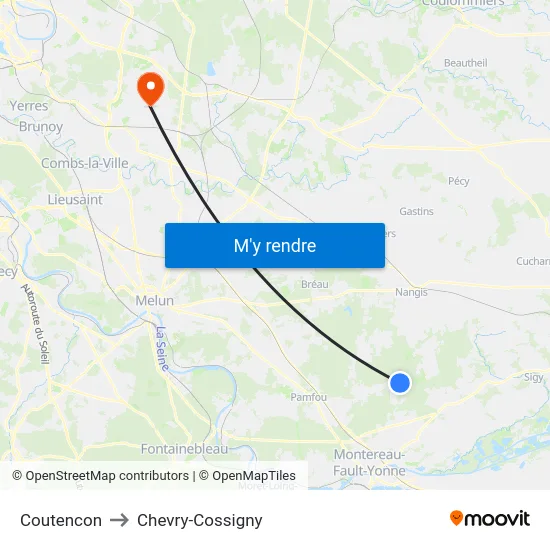 Coutencon to Chevry-Cossigny map