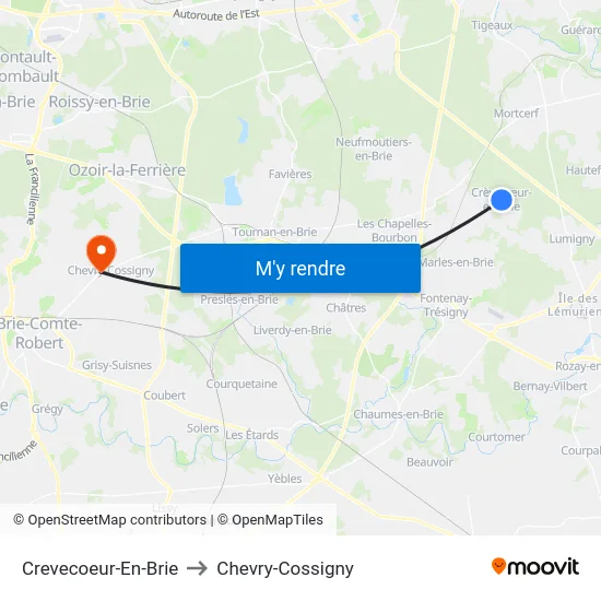 Crevecoeur-En-Brie to Chevry-Cossigny map