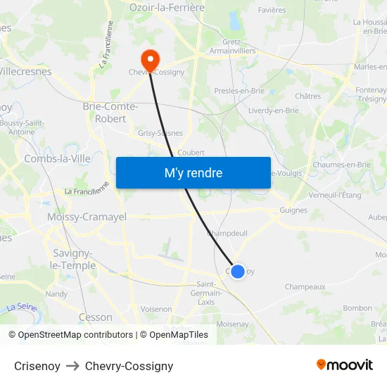 Crisenoy to Chevry-Cossigny map