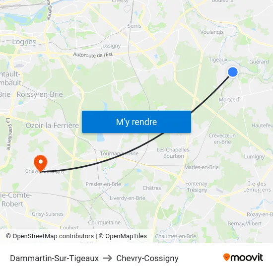 Dammartin-Sur-Tigeaux to Chevry-Cossigny map