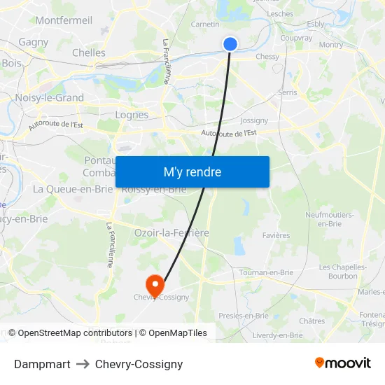 Dampmart to Chevry-Cossigny map