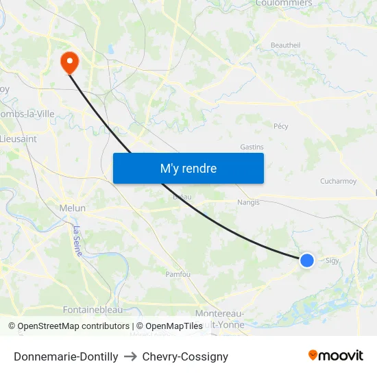 Donnemarie-Dontilly to Chevry-Cossigny map