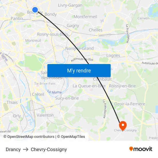 Drancy to Chevry-Cossigny map