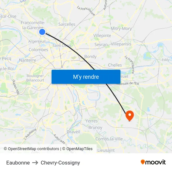 Eaubonne to Chevry-Cossigny map