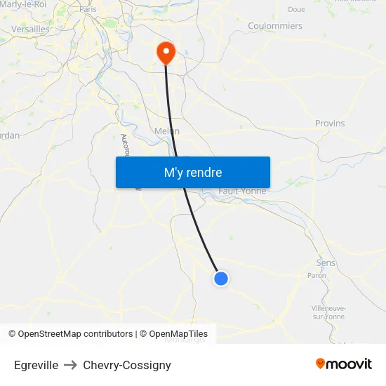 Egreville to Chevry-Cossigny map