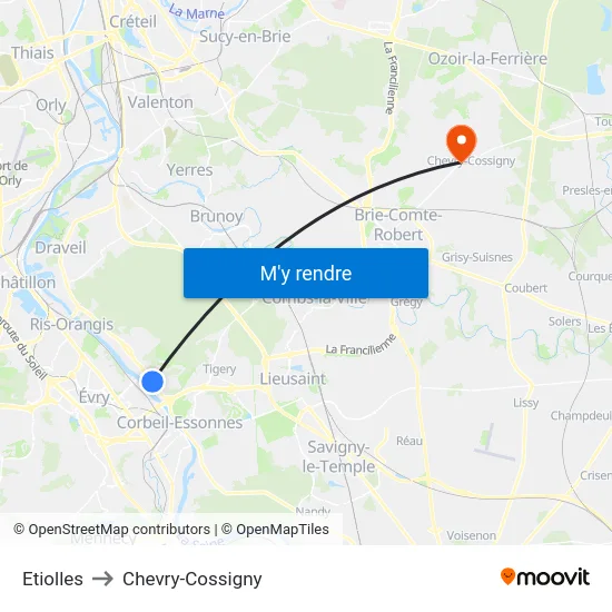 Etiolles to Chevry-Cossigny map