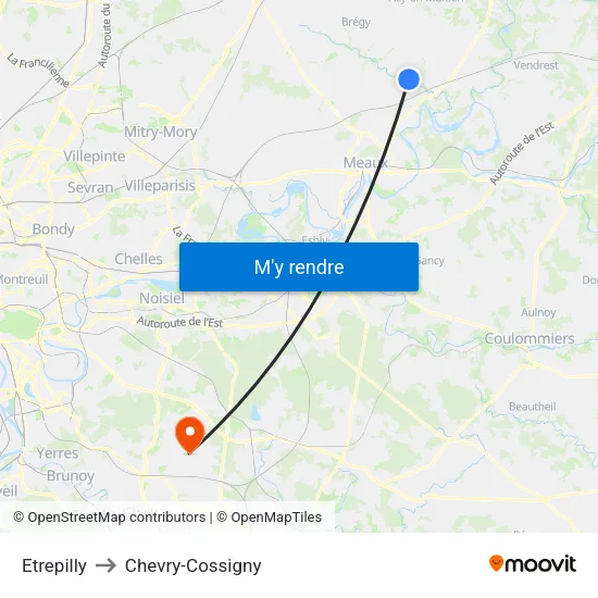 Etrepilly to Chevry-Cossigny map