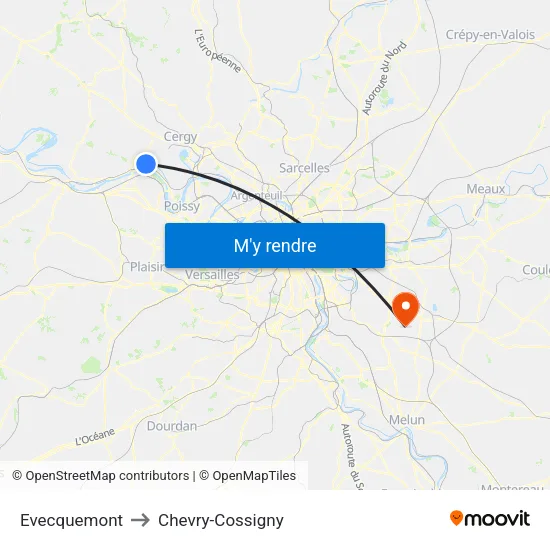 Evecquemont to Chevry-Cossigny map