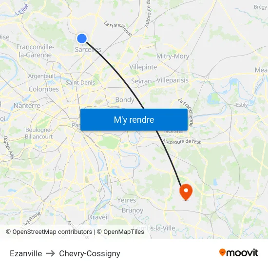 Ezanville to Chevry-Cossigny map