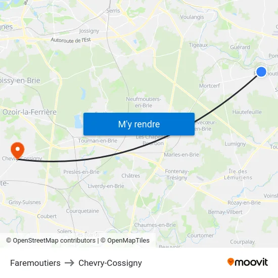 Faremoutiers to Chevry-Cossigny map