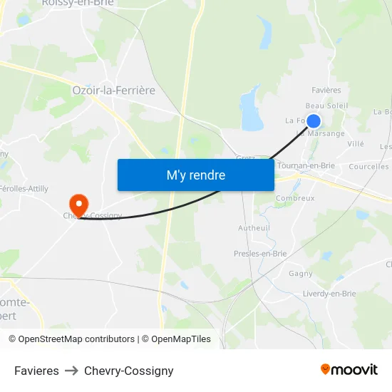 Favieres to Chevry-Cossigny map